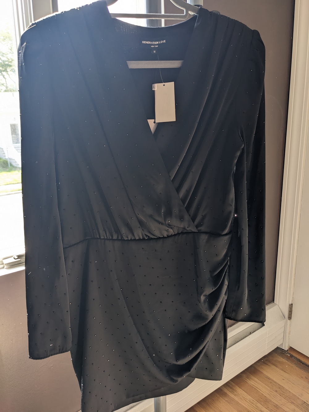 Generation Love Black Long Sleeve Faux-Wrap Dress with Subtle Dots